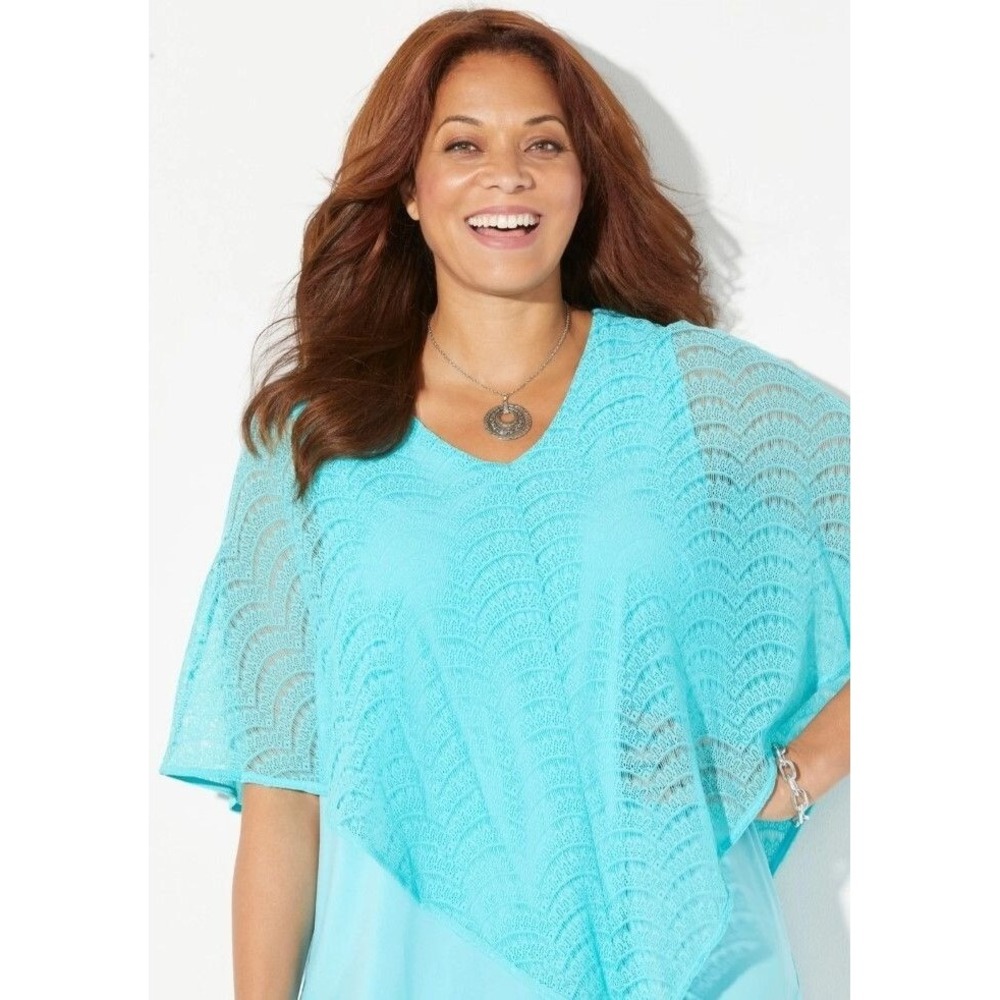 Catherines 6X Turquoise Crochet Overlay Top Boho Poncho Style Plus Size